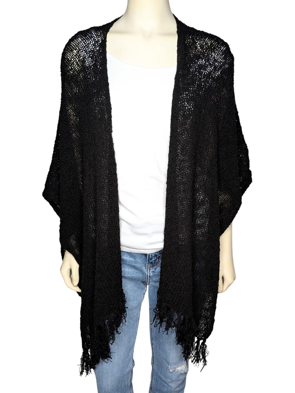 Coldwater Creek Crochet Ruana Wrap OS Black Fringe Shawl Boho Chic Whimsigoth